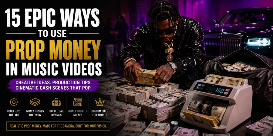 Cinematic music video scene with prop money stacks, a money counter, duffel bag cash reveal, luxury car, and artist styling for music video cash scene ideas.
