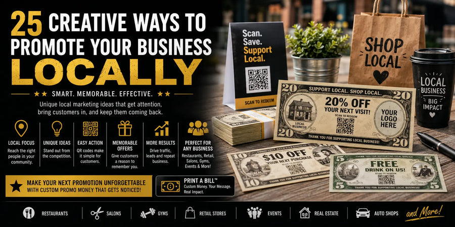 Wide promotional banner showing custom coupon money with QR codes, local business marketing materials, and ideas for restaurants, salons, gyms, retail stores, events, real estate, and auto shops.