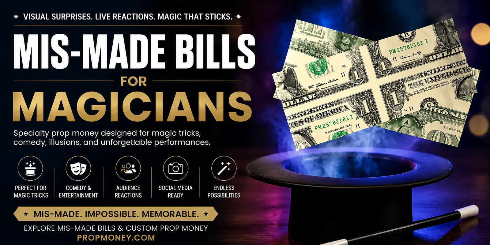 Magician performing on stage with prop money bills flying through the air for a mis-made bills magic tricks blog. — Prop Money production guide and film prop money journal
