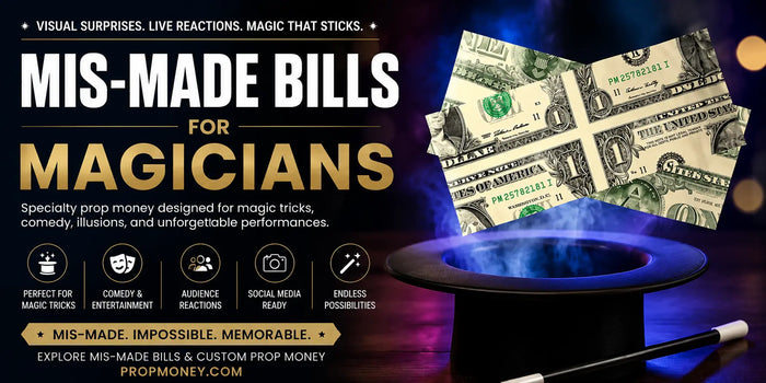 Magician performing on stage with prop money bills flying through the air for a mis-made bills magic tricks blog.