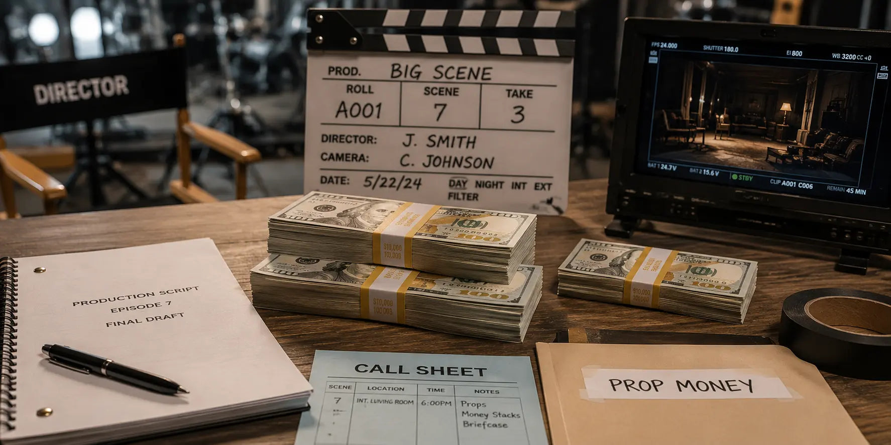 Realistic prop money stacks and cinematic cash props used in major movies, Netflix shows, HBO productions, music videos, and television filming