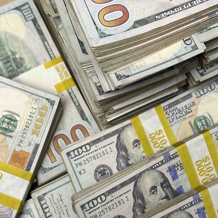 Aged full print prop money stacks with $500,000 prop value